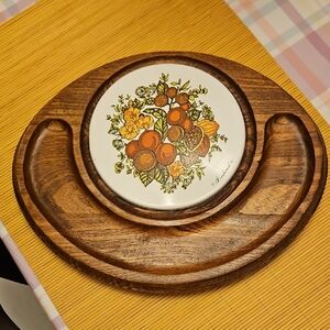 MCM Wooden Cheese/Crackers with Orange Floral Ceramic Inset